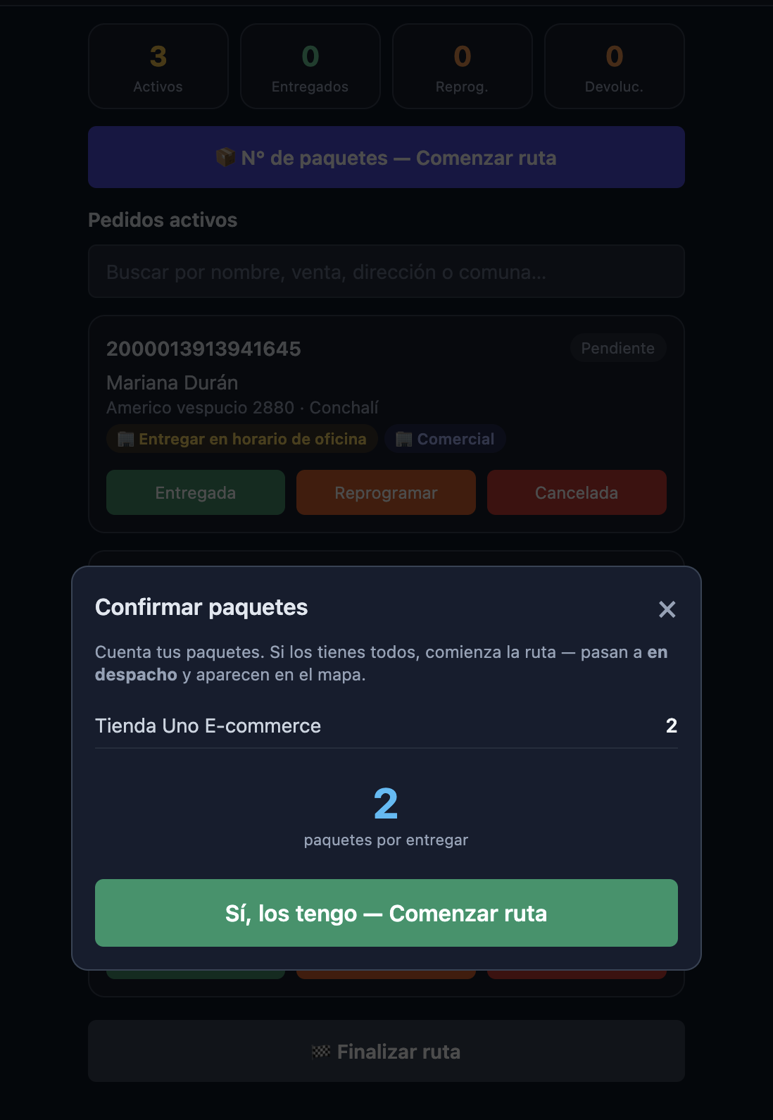 App del chofer confirmando paquetes y repartiendo