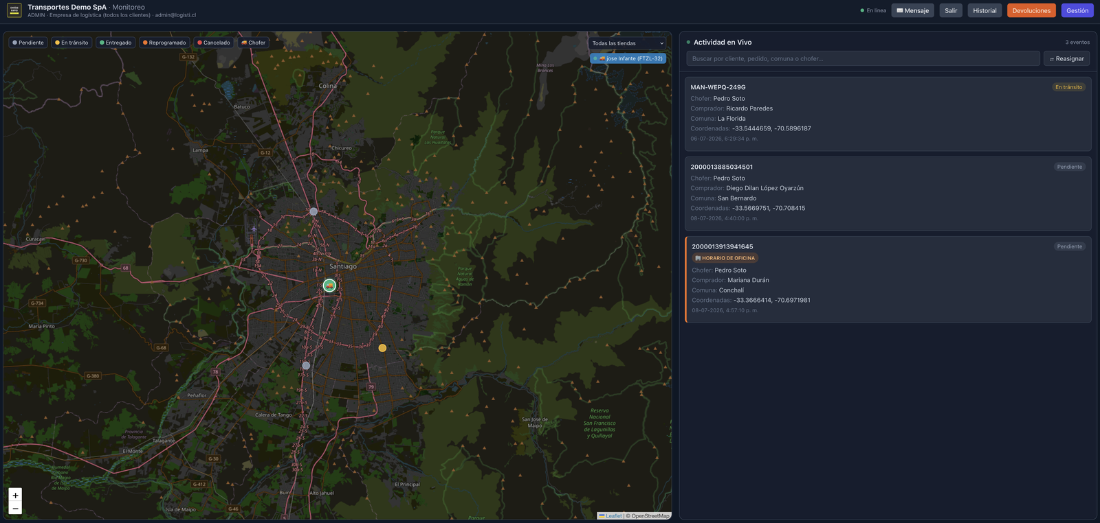 Panel de monitoreo en vivo de Logisti.cl con el mapa de choferes y la actividad en tiempo real