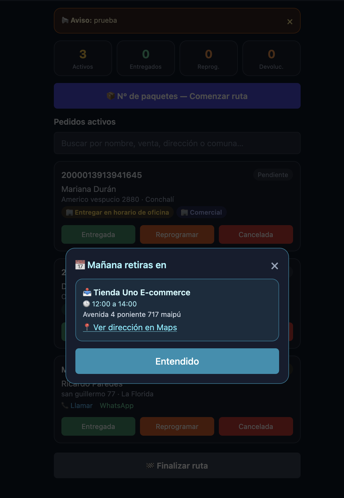 Pantalla de retiro del día en la app del chofer
